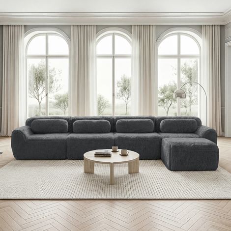 Sofá modular rinconero 378x179x73 cm de tela gris con cojines para salón – MEUBLIV (1/5)