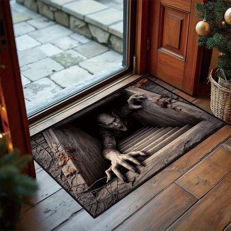 Tapis rond Halloween illusion 3D squelette fantôme effet vortex réaliste antidérapant décoration effrayante 40x60cm (1/5)