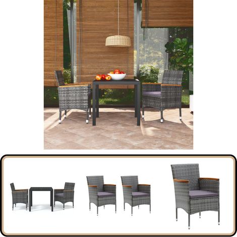 3-tlg. Garten-Essgruppe mit Kissen Poly Rattan Grau - Gartensessel - Gartenstuhl - Outdoor Möbel - Balkonmöbel - Terrassenmöbeln