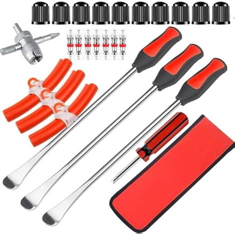 Kit de 39 pièces de démonte-pneus, 3 lèves-pneus de 30 cm avec 3 protège-jantes, 15 capuchons et noyaux de valve, 1 clé à 4 voies - pour réparation et changement de pneus moto/voiture (1/4)
