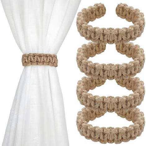 4 ganchos de cortina trenzados de estilo bohemio, accesorios rústicos para una decoración natural y sencilla. (1/5)