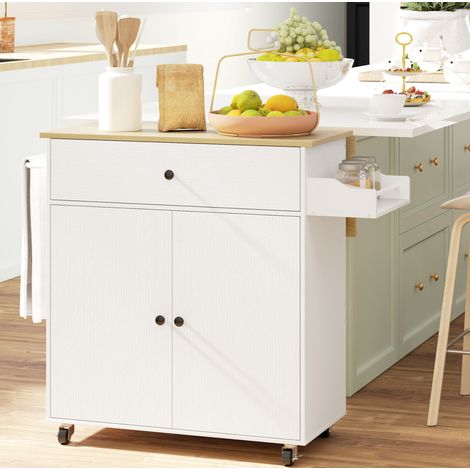 Isla de cocina 106x42x87 cm blanca en MDF con encimera abatible y ruedas (1/4)