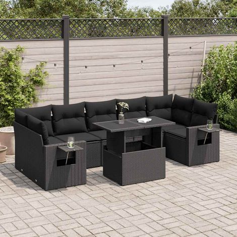 Ensemble Salon Jardin 8 Places Noir Résine Tressée avec Coussins, Table Réglable et Rangement Intégré - Meuble Extérieur Modulable et Durable (1/5)