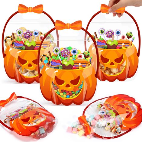 Lot de 12 sacs à bonbons Halloween transparents en forme de citrouille, refermables avec poignée, petites attentions de fête pour enfants (1/5)