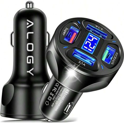 Caricabatterie da auto Alogy con 4 porte USB QC 3.0, 66 W, rapido e potente, per telefoni in auto, colore nero. (1/5)