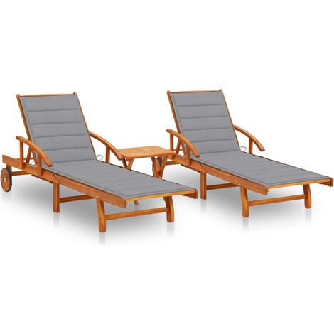 Sonnenliegen 2 Stk. mit Tisch und Auflagen Massivholz Akazie