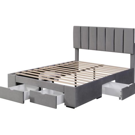 Cama tapizada 140 x 200 cm en terciopelo gris con somier de láminas, cabecero y 4 cajones (1/5)