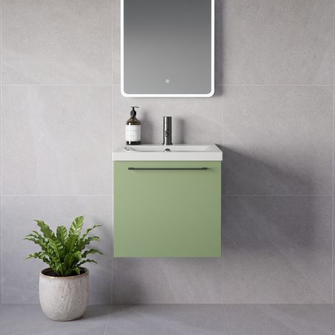 Napoli 390 Olive Green 500mm Wall Mounted Single Drawer Vanity Unit with Glide Basin - 500mm - Gunmetal Grey 320mm Handle