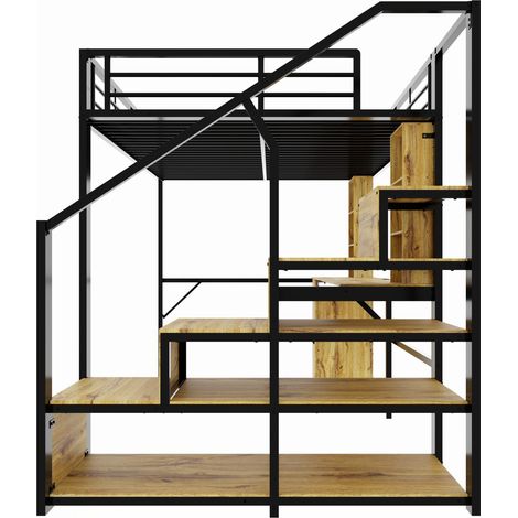 Letto a soppalco in metallo nero 140x200 cm con scrivania, armadio e ripostiglio (1/5)
