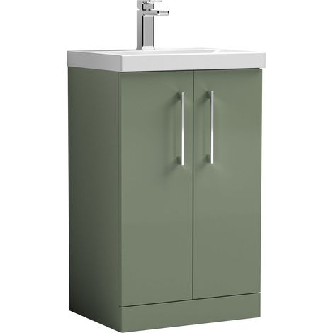 Balterley Contemporary Bathroom Floor Standing 2 Soft-Close Door Vanity Unit & Mid-Edge Basin, Satin Green, 500 mm (1/5)