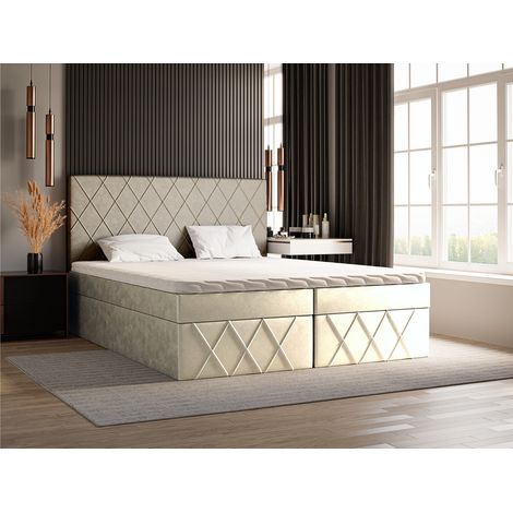 Emporius – Lit boxspring 160x200 avec matelas à ressorts et surmatelas 4cm – Tissu velours gris – 2 bacs de rangement intégrés (1/5)