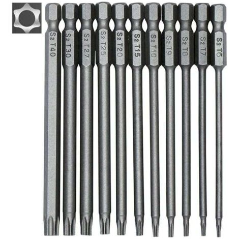 Jeu de 11 embouts longs pour tournevis et visseuse électrique - Embouts magnétiques - Tige hexagonale de 1/4" - Tailles T6 à T40 - Longueur 100 mm (1/4)