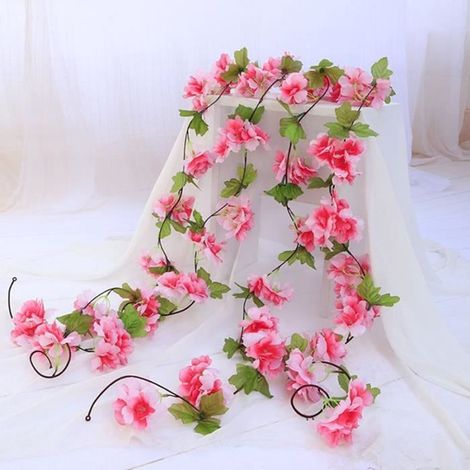 2 Pcs Fleur Artificielle Fleur de Cerisier Suspendu Vigne,ANNEFLY Guirlande Simulation Usine pour Noël Décoration- rose foncé 180cm (1/4)
