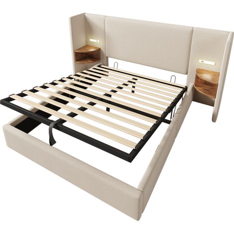 Cama doble 160x200 con almacenaje, luz de lectura, USB-C y colchón, beige lino - HOMVRA (1/5)