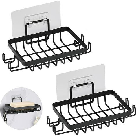 Pezzi in INOX Portasapone da doccia senza foratura, Portasapone a parete autoadesivo con ganci e salvasapone, Supporto portasapone da parete per bagno e cucina (Nero) (1/5)