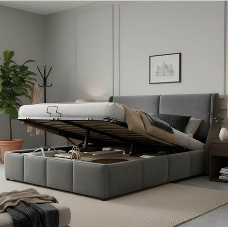 CHICFURN Cama con canapé 140x190 cm de terciopelo gris, cabecero orejero, sin colchón (1/5)