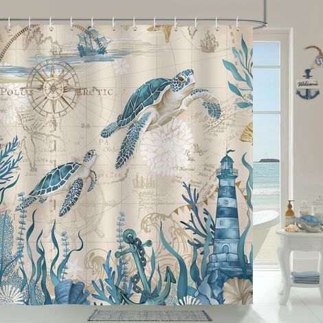 e Rideau de Douche Tortue de Mer Nautique Océan Rideau de Bain Tissu Polyester Anti Moisissure Imperméable Lavable Rideaux Salle de Bain 180 x 180 cm avec 12 Crochets pour Baignoire (1/5)