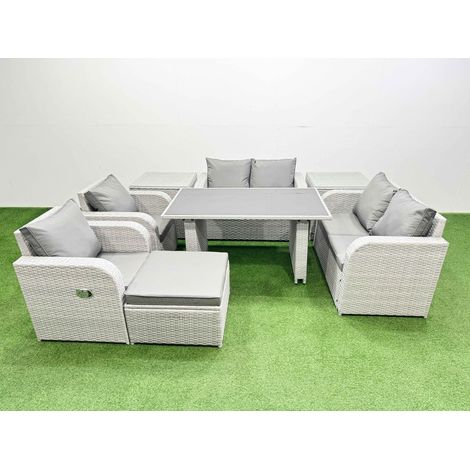 Fimous 8 Pieces Outdoor PE Rattan Sofa Reclining Chair Set Patio Garden Furniture Sets with Cushions 2 Side Tables Big Stool Light Grey (1/3)