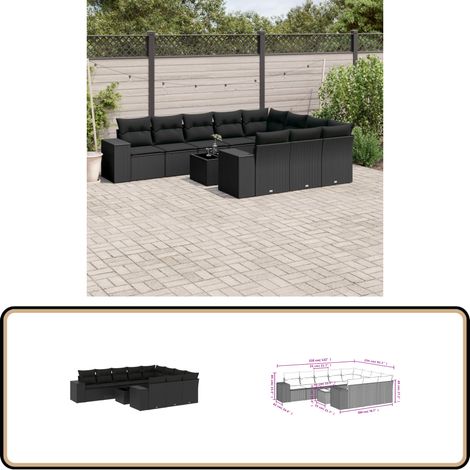 11-tlg. Garten-Sofagarnitur mit Kissen Schwarz Poly Rattan - Gartenmöbel - Esstischgarnituren - Outdoor Möbel - Lounge Set - Rattan Gartenmöbel