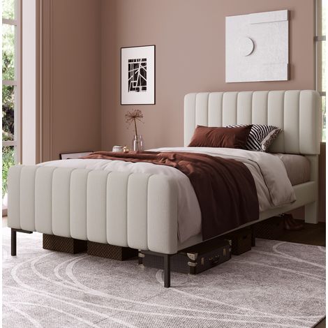 Cama tapizada de lino gris beige 90x200 cm con somier de láminas y cabecero ajustable (1/5)