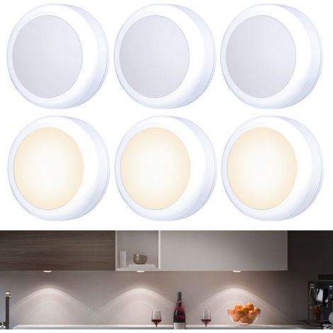 Lot de 6petits spots LED tactiles, adhésifs, à piles, intérieur, armoires, armoires, armoires de cuisine, blanc chaud (1/5)