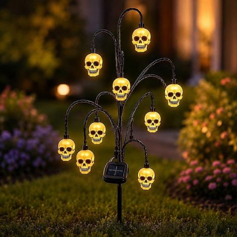 Lampe solaire Halloween souche d'arbre fantôme lumineux, déco extérieure guirlande scintillante lanterne vintage crâne rustique automne porche (1/5)