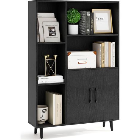 COSTWAY Libreria Scaffale con 5 Ripiani a Cubo Aperti e 2 Ante, Scaffale Espositivo in Legno Salvaspazio, Mobile per Camera da Letto, Soggiorno, Salotto, Ufficio e Studio, 80 x 23,5 x 119 cm (Nero) (1/5)