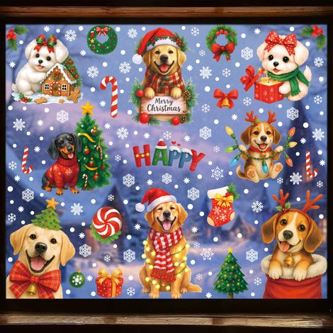 Autocollants chiots de Noël pour décorer les vitres, décorations d'ambiance de Noël, couronnes de fenêtre, boîtes cadeaux, autocollants statiques
