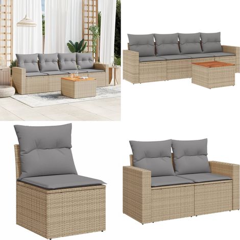5-tlg. Garten-Sofagarnitur mit Kissen Beige Poly Rattan - Gartenmöbel Set - Outdoor Möbel - Rattan Gartenset - Lounge Set - Esstisch Set - Home & Living (1/5)
