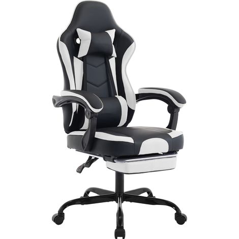 Chaise de jeu avec repose-pieds chaises de joueur ergonomique avec coussin lombaire appui-tête chaise d'ordinateur réglable en hauteur-Black White