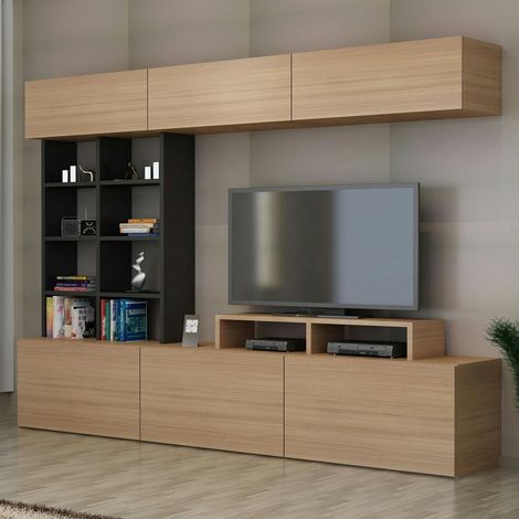 Ensemble meuble TV moderne décor bois étagères noires MARFA
