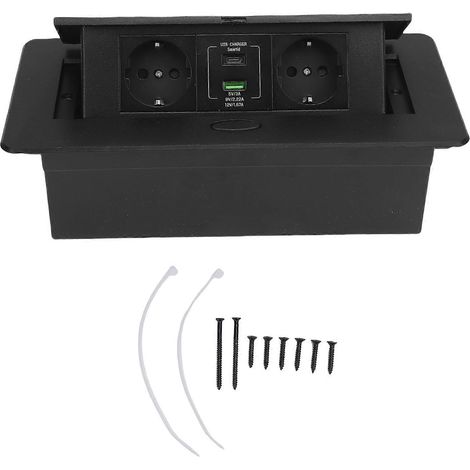 Multiprise de bureau avec 2 prises, port USB Type-C, charge rapide 20W, boîtier de prise encastré, convient à une utilisation à domicile et au bureau, noire. (1/5)