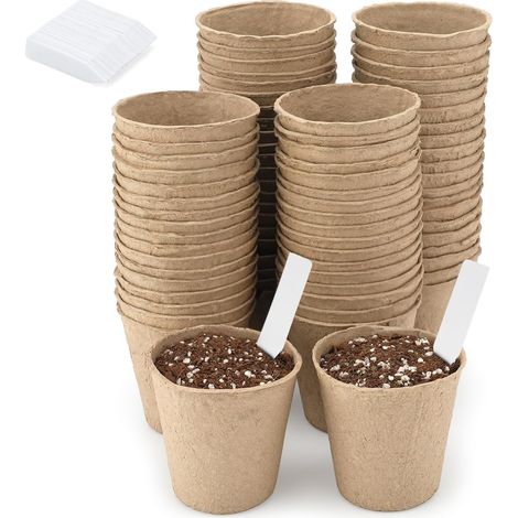 100 x 6 cm Plant Pots for Seedlings, Peti Pots for Planting, Potting Buckets, with 100 5 x 1 cm Plant Label – for Garden, Vegetable Garden, Greenhouse (1/5)