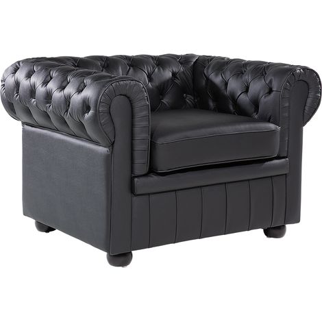 Sillón Chesterfield tapizado en piel color negro patas de madera oscura contemporáneo Chesterfield
