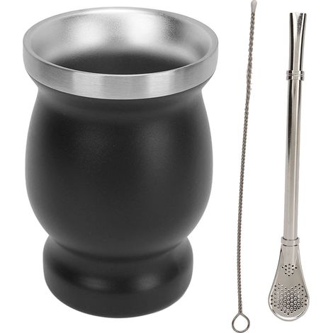 Tasse isotherme en forme de calebasse (230 ml) à double paroi en acier inoxydable avec cuillère, paille et goupillon. Idéale pour le thé, le café et le vin. Couleur : noir. (1/5)