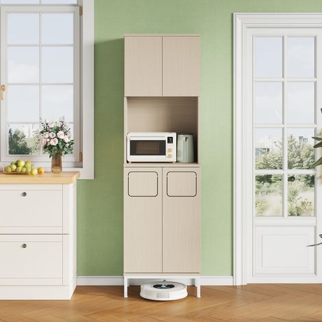 Meuble de cuisine multifonction 53x35x181 cm, compartiment micro-ondes, espace poubelle intégré, rangement réglable pour aspirateur - Blanc (1/5)