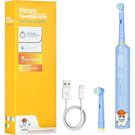 Brosses à Dents Électriques pour Enfants, avec 2 Têtes de Brosse Brosse Electrique Rechargeable Livrée Interchangeables Minuterie 18000 Mouvements de Brossage 3 Modes Étanchéité IPX7, Bleu (1/5)