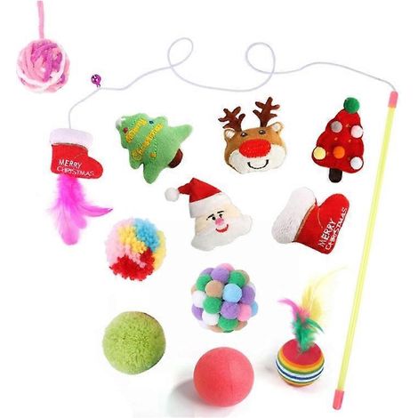 Weihnachtliches Katzenspielzeug: Nachfüllpackungen für Angelruten mit Fellbällen, Set mit 12 Ersatzköpfen für Angelruten-Zubehör.