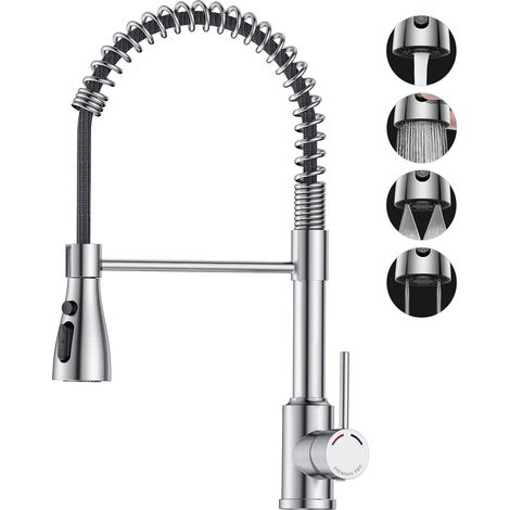 Miscelatore da cucina con doccetta estraibile, rubinetto per lavello in acciaio inox, beccuccio girevole a 360°, 4 tipi di getto, beccuccio ad arco alto per lavello a 1 foro. (1/5)