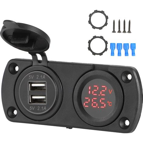 Chargeur de voiture double USB 12 V, prise allume-cigare, voltmètre de température rouge (1/5)