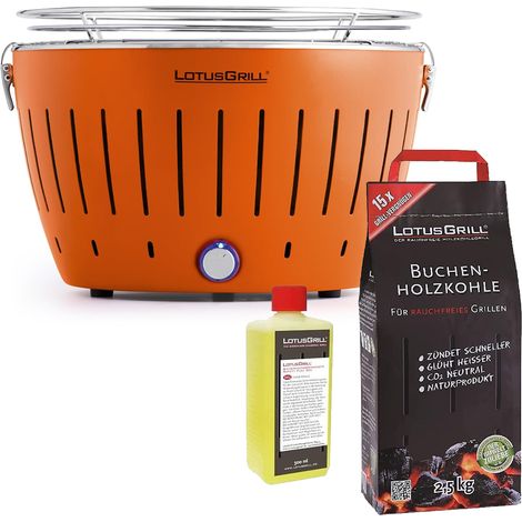 Barbecue Arancione con Batterie e Cavo di Alimentazione USB + 2.5Kg di Carbonella di Faggio + Gel Combustibile 500ml -Lotus Grill (1/4)