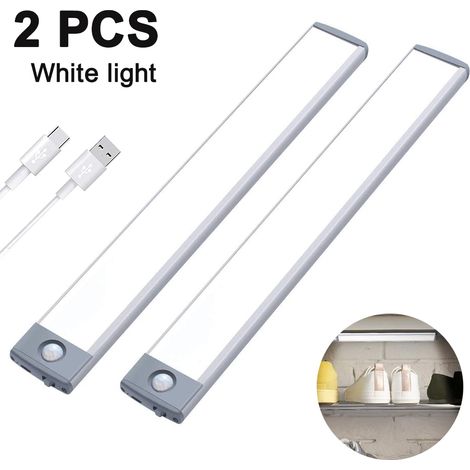 Lot de 2 lampes LED magnétiques ultra-minces à détecteur de mouvement pour sous-meuble, idéales pour la cuisine, les tiroirs, les escaliers et les couloirs. Couleur : argent, 20 cm. (1/5)