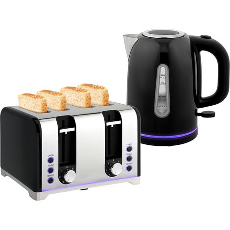 Kettle and Toaster Set, 1.7L 3000W Rapid Boil Jug Kettle with Otter rmostat, Limescale Filter, 4 Slice Toaster with 7 Browning Controls, Crumb Tray, LED Strip, Black (1/5)