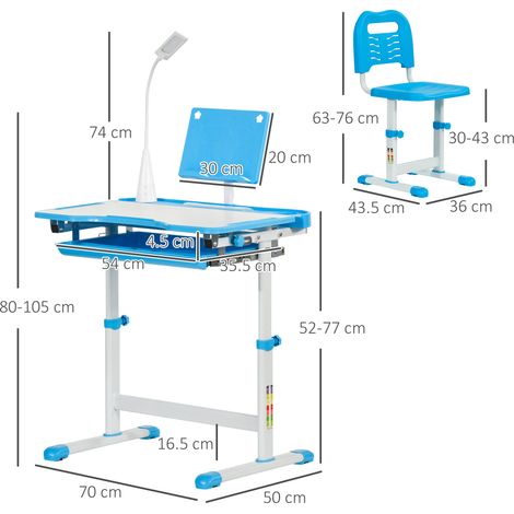 Bureau et chaise d'écolier réglables en hauteur et en inclinaison, adaptés aux enfants de 6 à 12 ans (bleu) (1/5)