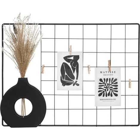 Atmosphera – Porte photo mural en métal 55cm noir – Avec pinces en bois et vase décoratif – Pour décoration intérieure moderne (1/3)