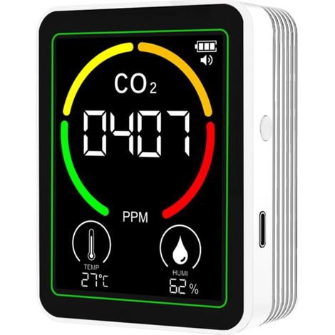 Détecteur CO2 Intérieur, Moniteur Qualité de l'Air, Testeur Air, Thermomètre Hygromètre USB Rechargeable - pour Maison, École, Bureau - Blanc