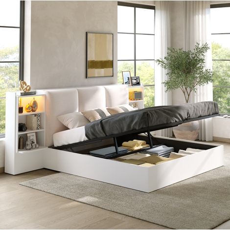 Letto contenitore 288x217.5x111 cm, testiera imbottita con 6 vani, vano idraulico e luci LED, MDF e compensato bianco (1/5)