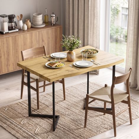 Table de salle à manger pour 2 personnes avec plateau épais et pieds métalliques, style moderne, 110 x 67 x 75,5 cm, chêne (1/5)
