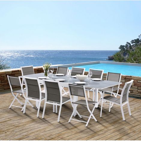 Salon de jardin Ensemble Modulo T 6/10 + F 6 + C 4 Full Verre Blanc Wilsa Garden (1/5)