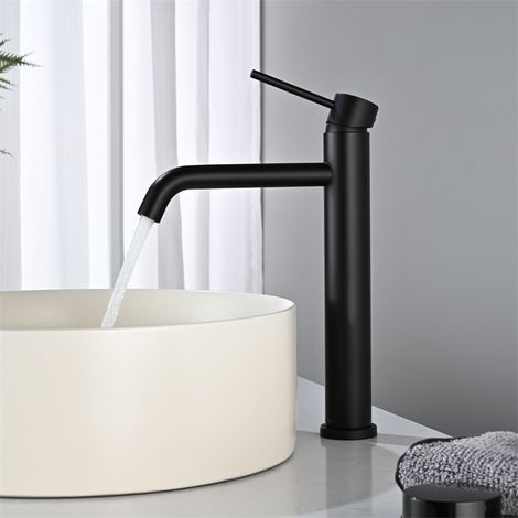 Detbom – Mitigeur de lavabo haut noir mat en acier inox – Installation mono-trou – Hauteur 281 mm – Hauteur sous bec 204 mm – Pour vasque à poser (1/5)